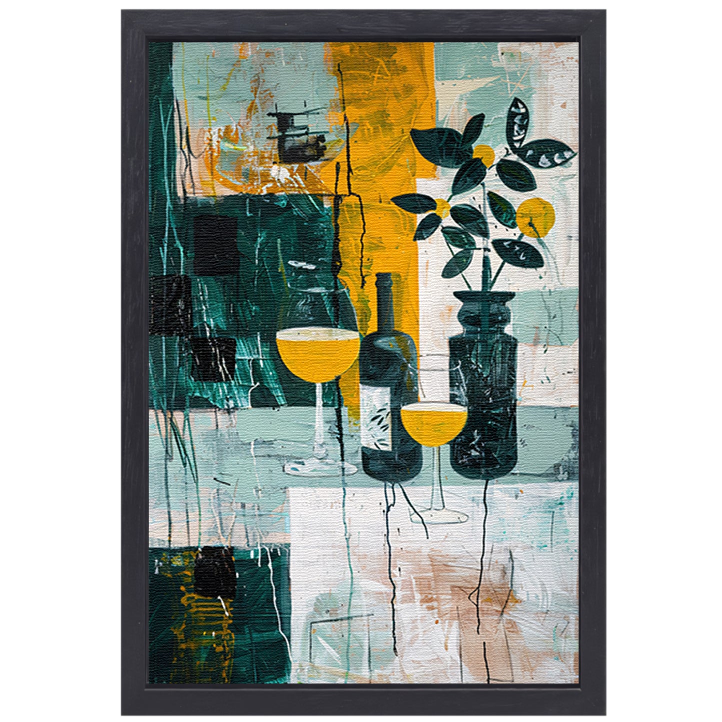 Abstracte stilleven met kleurrijke fles en glazen canvas met baklijst
