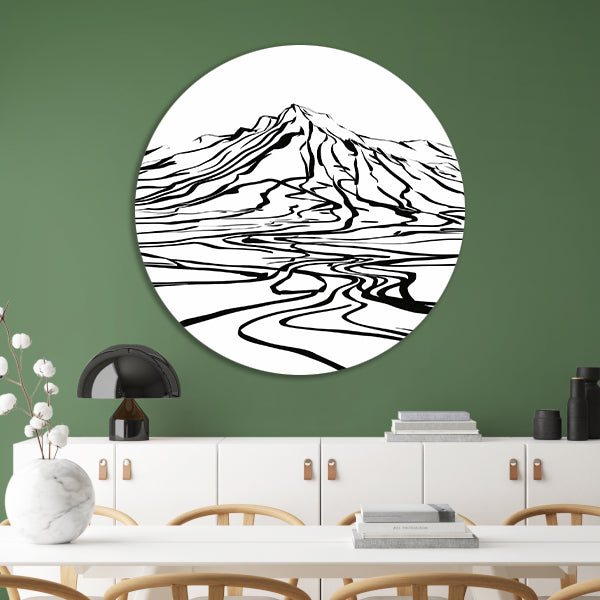 Abstracte berglijnen en kronkelende rivier aluminium muurcirkel