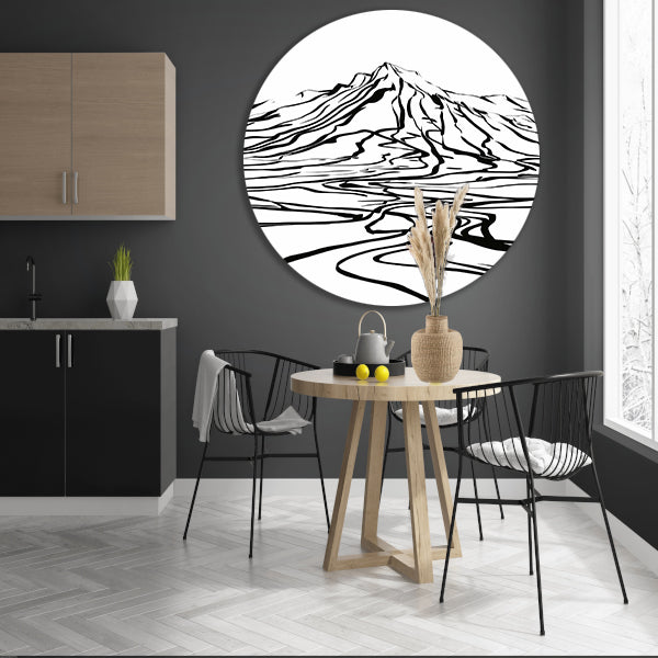 Abstracte berglijnen en kronkelende rivier aluminium muurcirkel