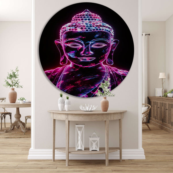 Neon Boeddha met levendige kleuren aluminium muurcirkel