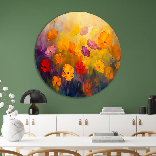 Kleurrijke abstracte bloemenweide schilderij aluminium muurcirkel