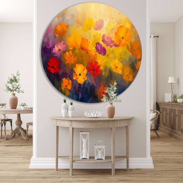 Kleurrijke abstracte bloemenweide schilderij aluminium muurcirkel