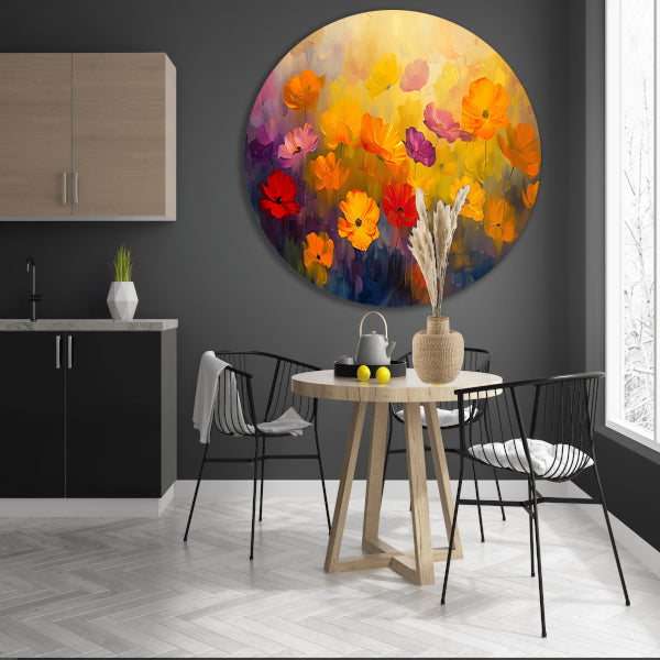 Kleurrijke abstracte bloemenweide schilderij aluminium muurcirkel