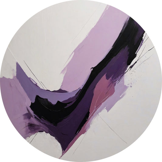 Dynamische abstractie in paars en zwart aluminium muurcirkel