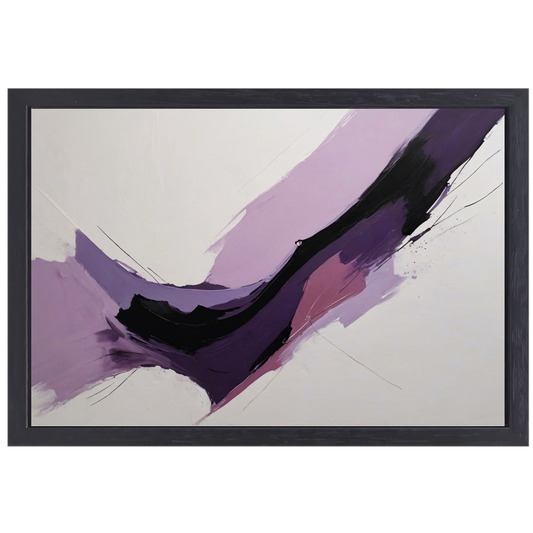 Dynamische abstractie in paars en zwart canvas met baklijst