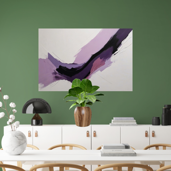 Dynamische abstractie in paars en zwart canvas met baklijst