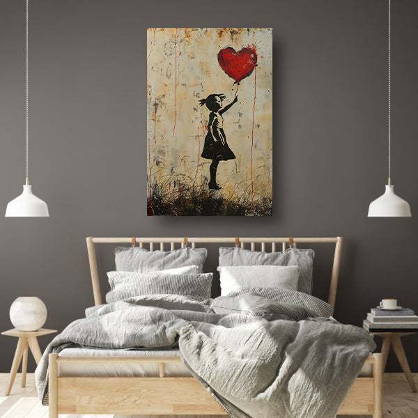 Jong meisje houdt een rood hartballon vast poster