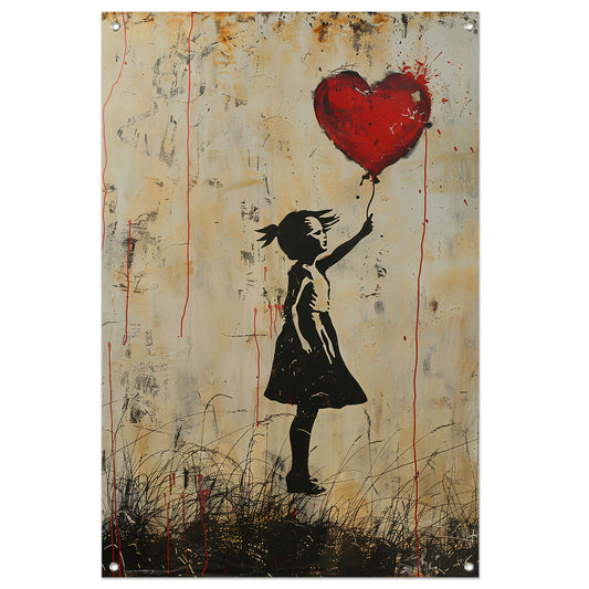 Jong meisje houdt een rood hartballon vast tuinposter