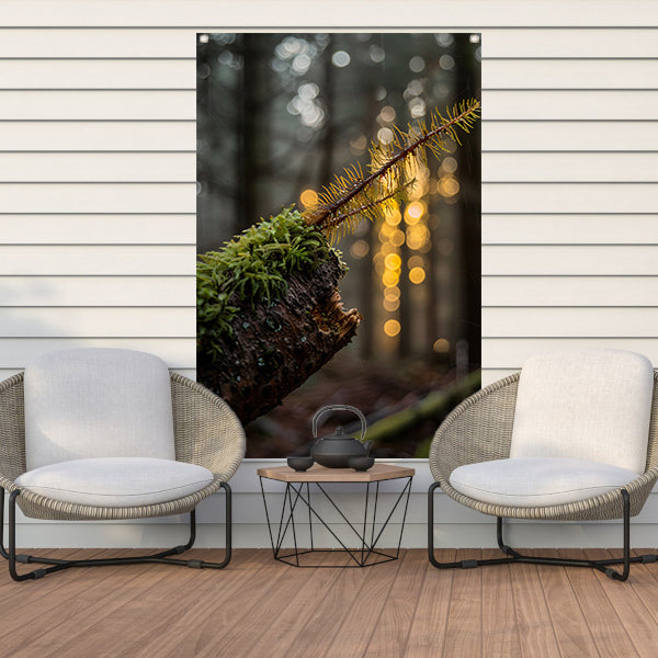 Plant groeit uit mos op hout tuinposter