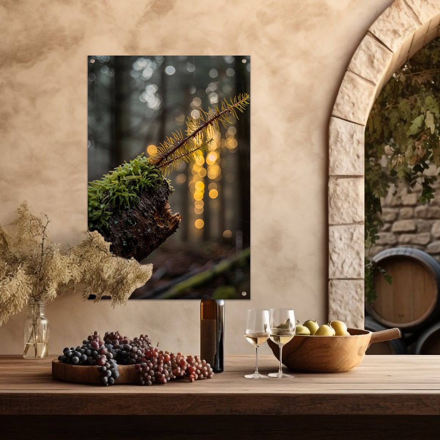 Plant groeit uit mos op hout tuinposter