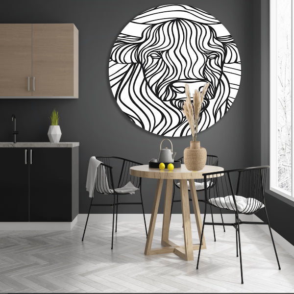 Schotse hooglander lijntekening zwart-wit kunst aluminium muurcirkel
