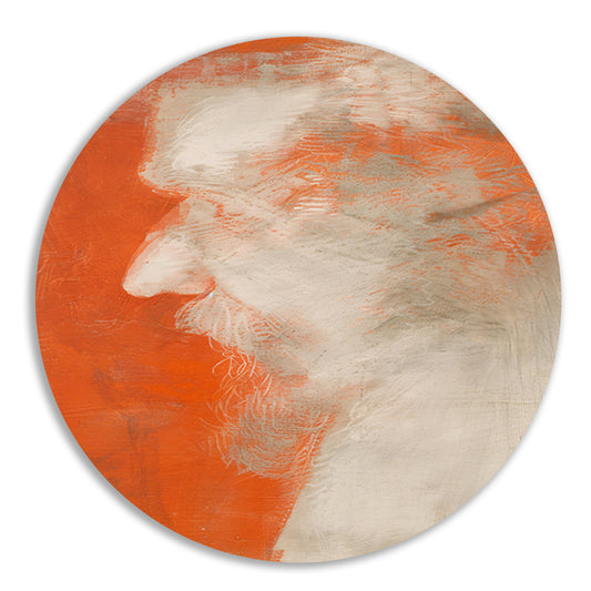 Abstract portret in oranje en wit aluminium muurcirkel