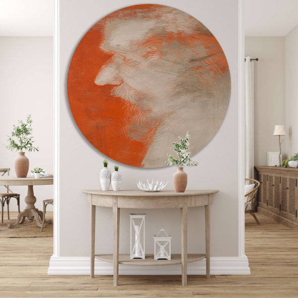Abstract portret in oranje en wit aluminium muurcirkel