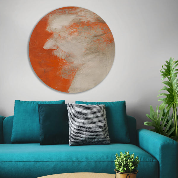 Abstract portret in oranje en wit aluminium muurcirkel