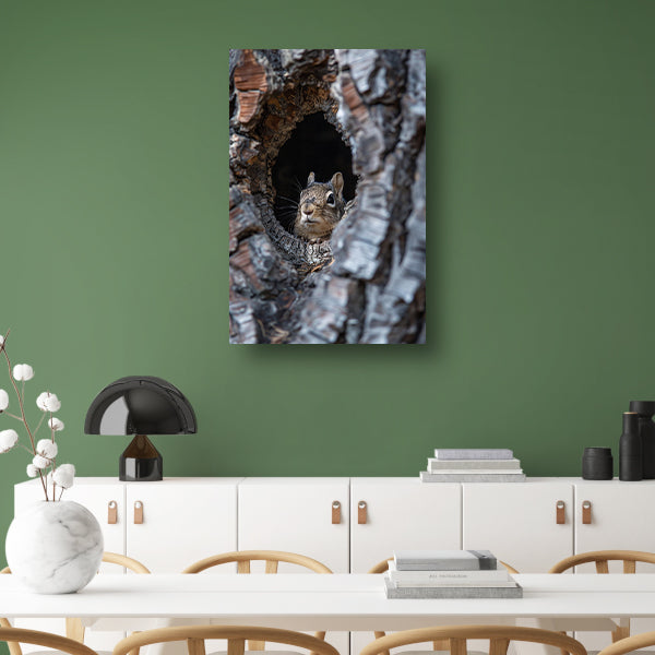 Eekhoorn gluurt uit boomstam acrylglas