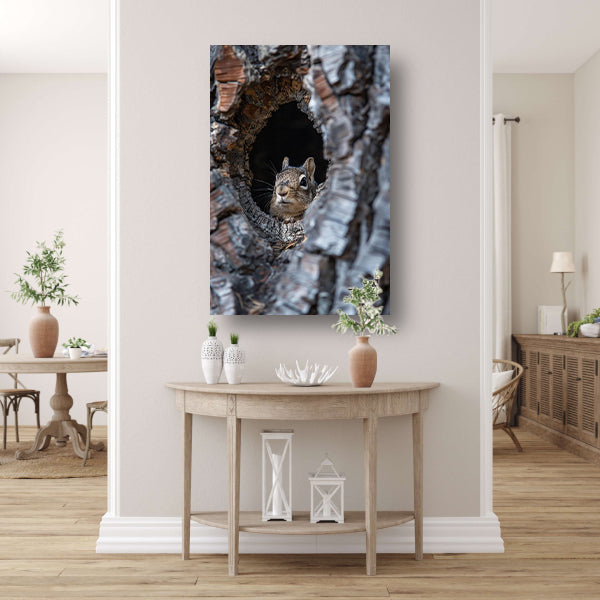 Eekhoorn gluurt uit boomstam acrylglas