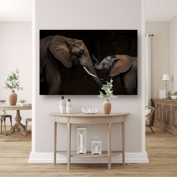 Intieme band tussen moeder- en babyolifant poster