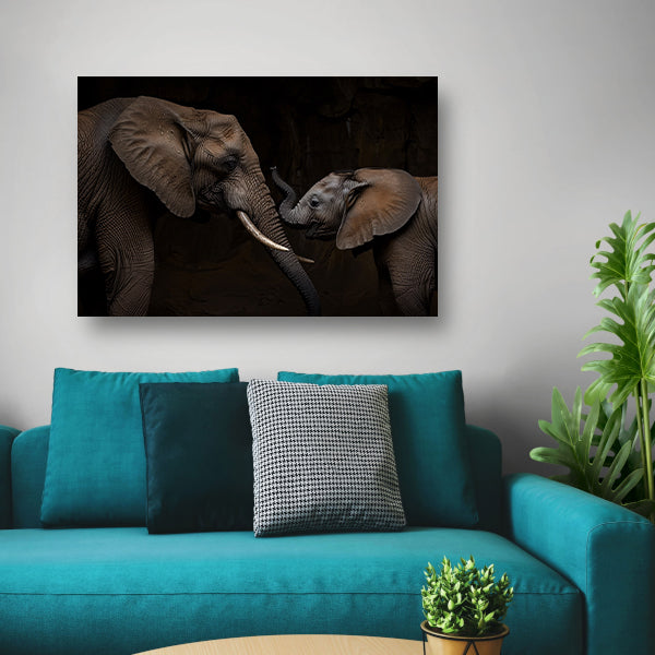 Intieme band tussen moeder- en babyolifant canvas