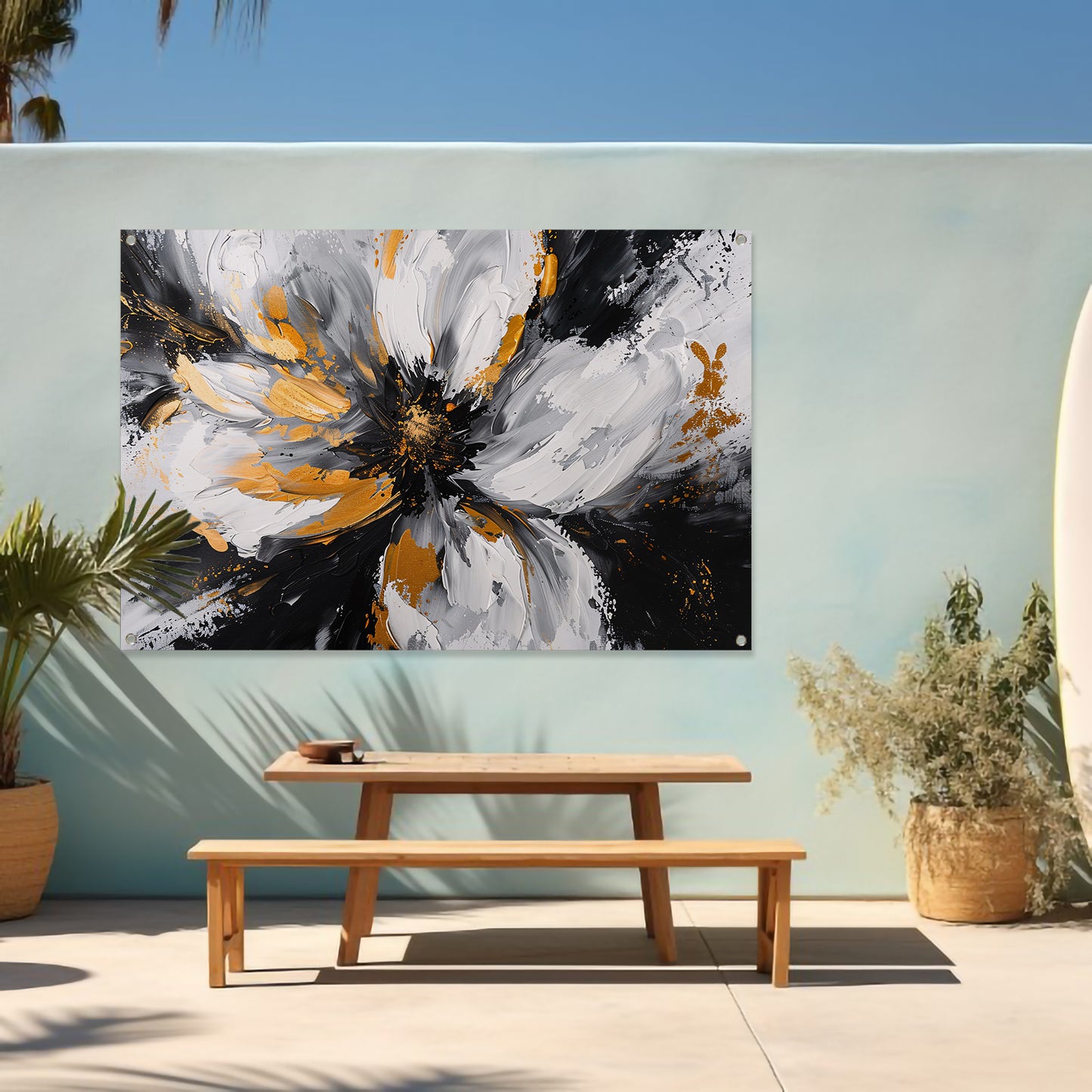 Abstract chrysant schilderij met gouden accenten tuinposter