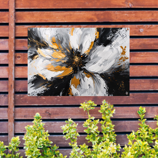 Abstract chrysant schilderij met gouden accenten tuinposter