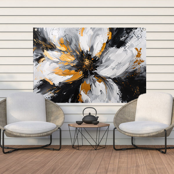 Abstract chrysant schilderij met gouden accenten tuinposter