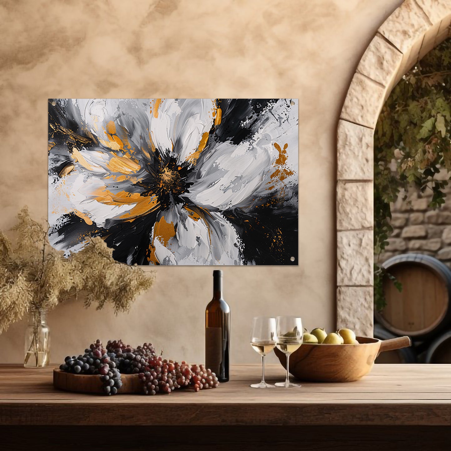 Abstract chrysant schilderij met gouden accenten tuinposter