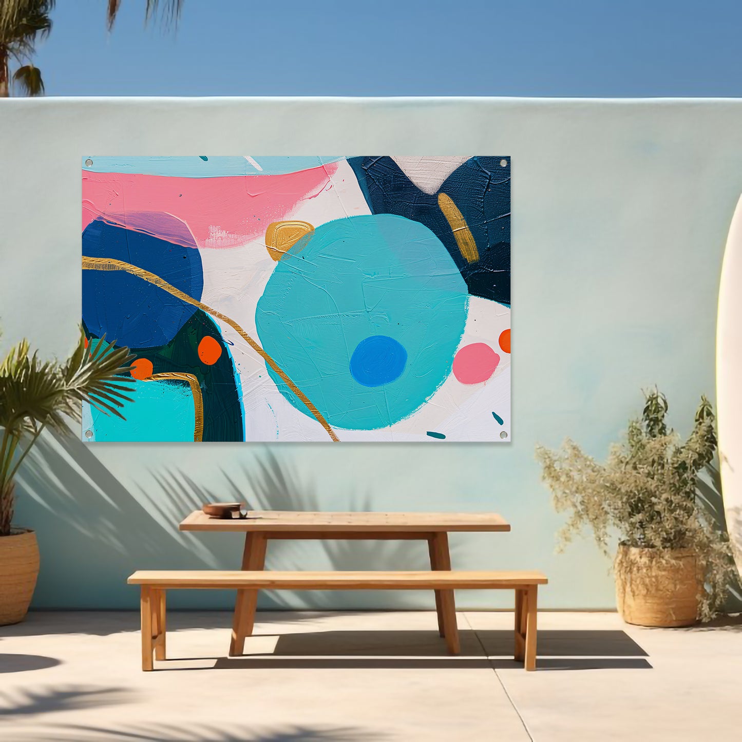 Abstract schilderij met kleurrijke vormen en lijnen tuinposter