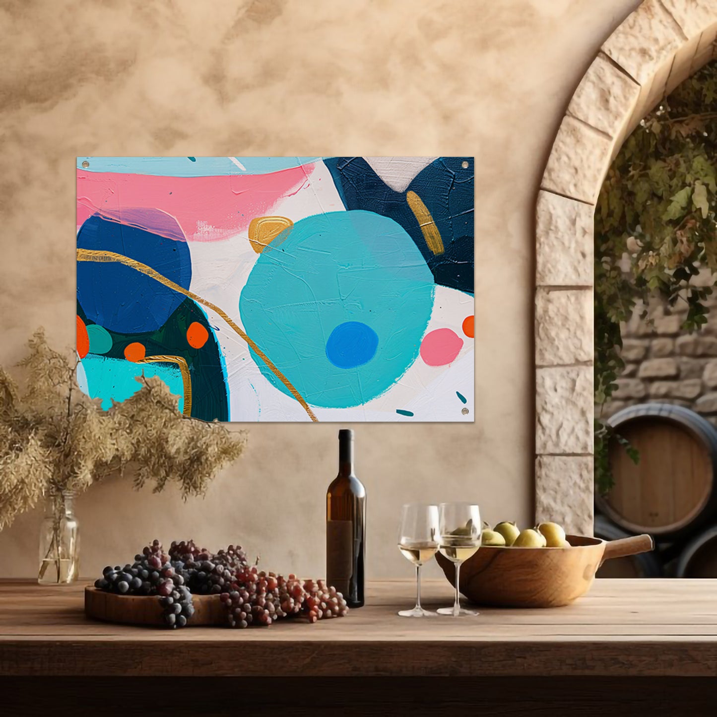 Abstract schilderij met kleurrijke vormen en lijnen tuinposter