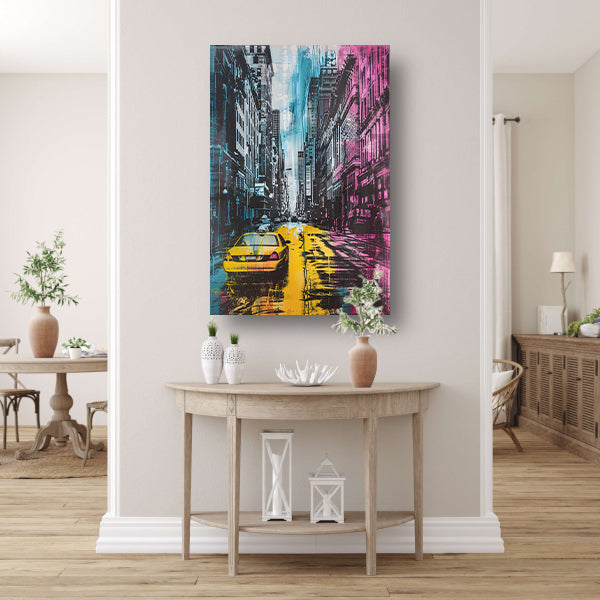 Kleurrijk stadsbeeld met gele taxi acrylglas