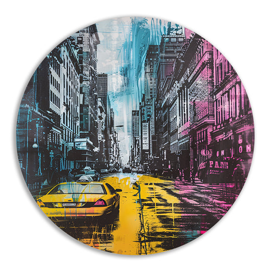 Kleurrijk stadsbeeld met gele taxi forex muurcirkel