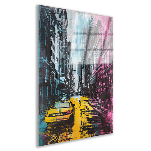 Kleurrijk stadsbeeld met gele taxi acrylglas