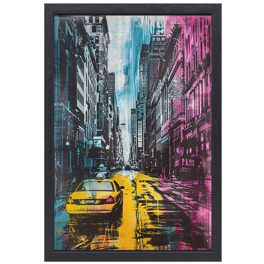 Kleurrijk stadsbeeld met gele taxi canvas met baklijst