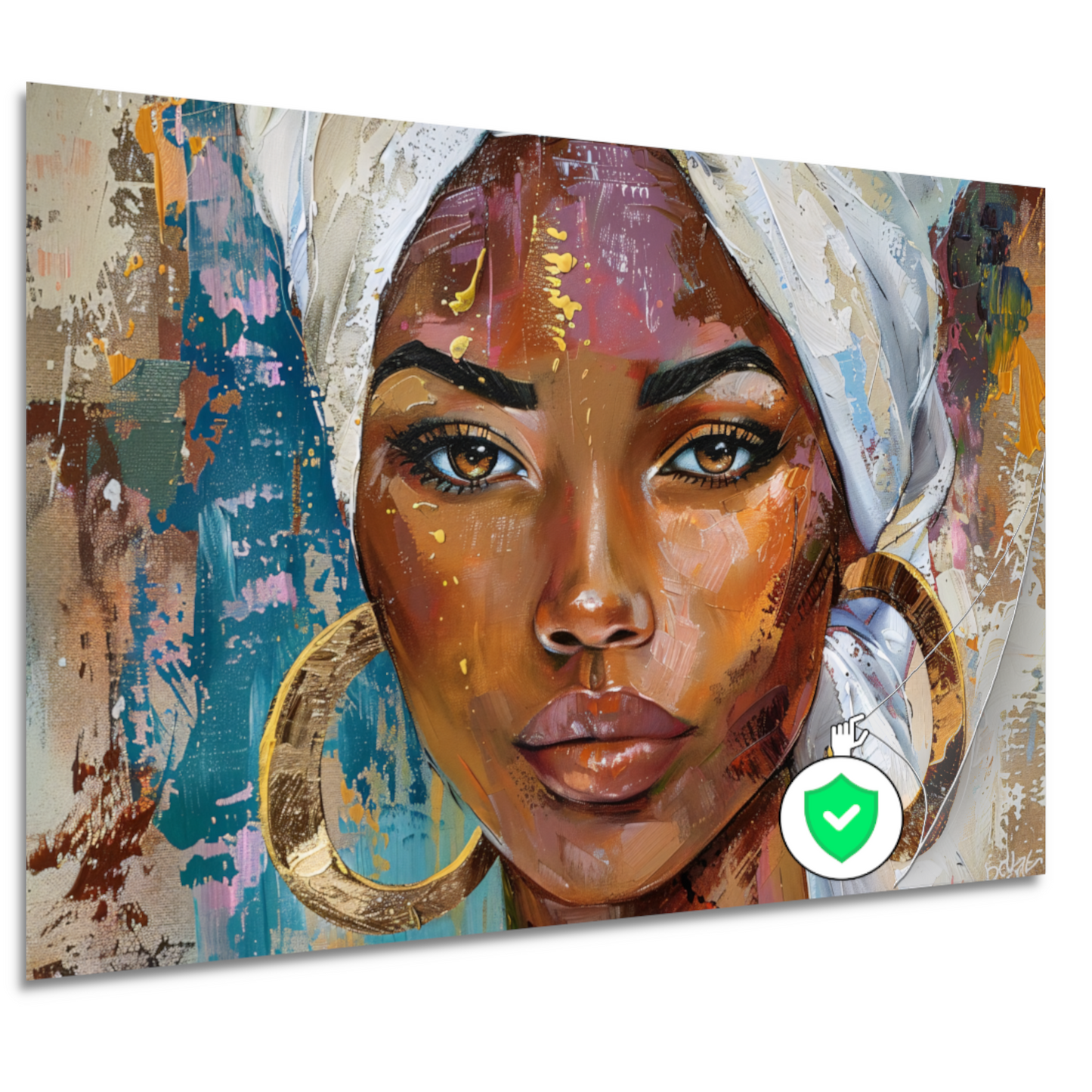 Afrikaanse vrouw met witte hoofddoek en gouden oorbellen poster