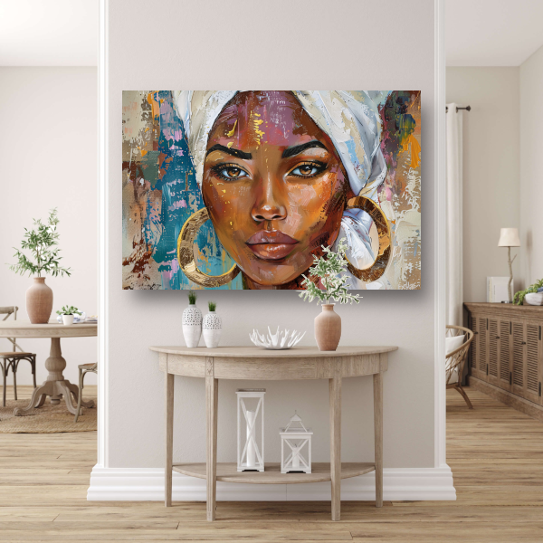 Afrikaanse vrouw met witte hoofddoek en gouden oorbellen poster