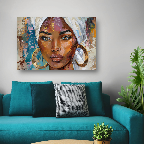 Afrikaanse vrouw met witte hoofddoek en gouden oorbellen poster