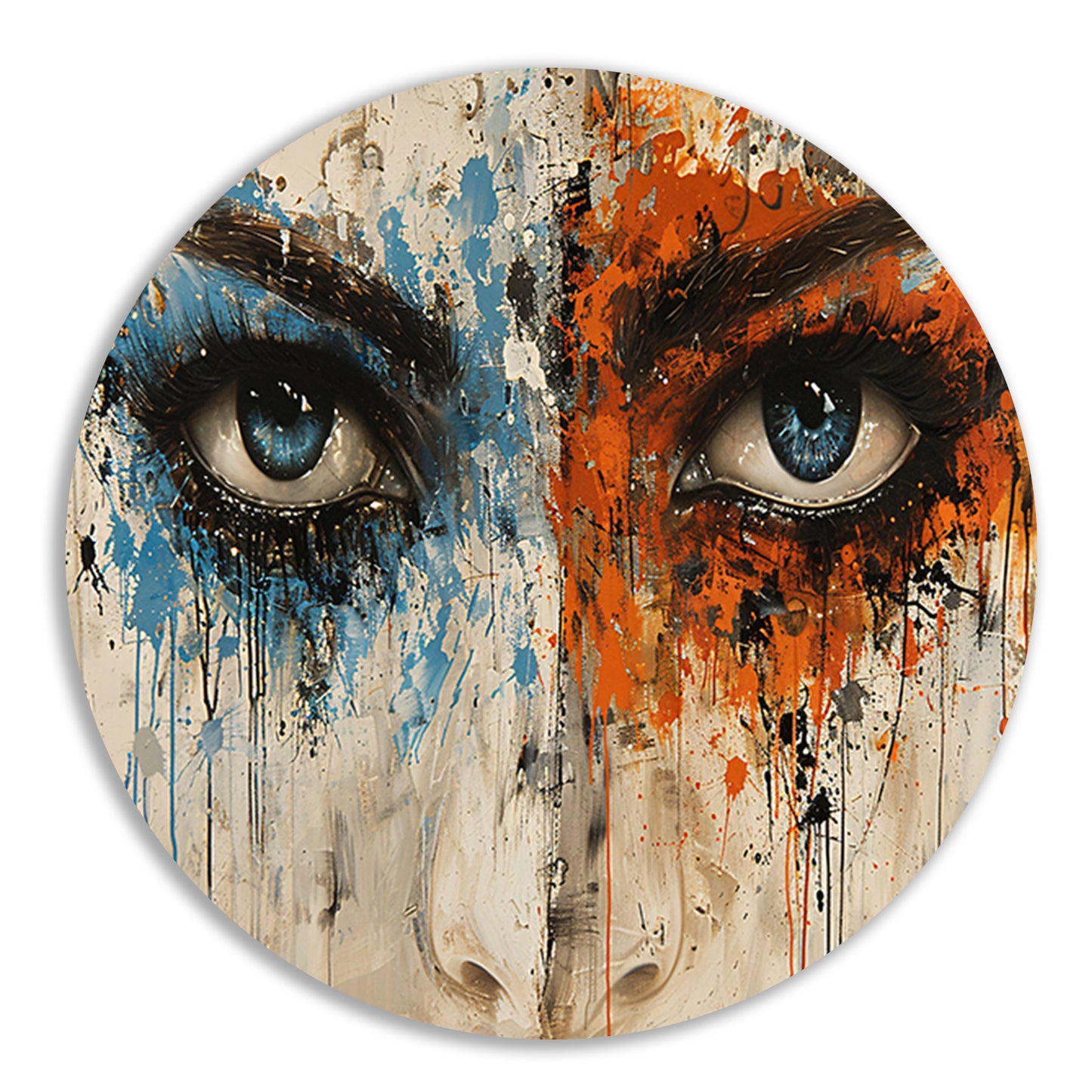 Twee Ogen omgeven door Kleur en Emotie aluminium muurcirkel