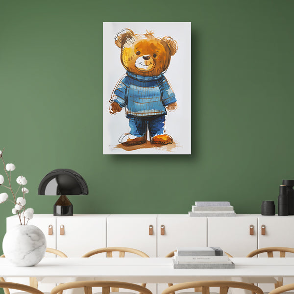 Aquarel  van een teddybeer in een blauwe trui canvas