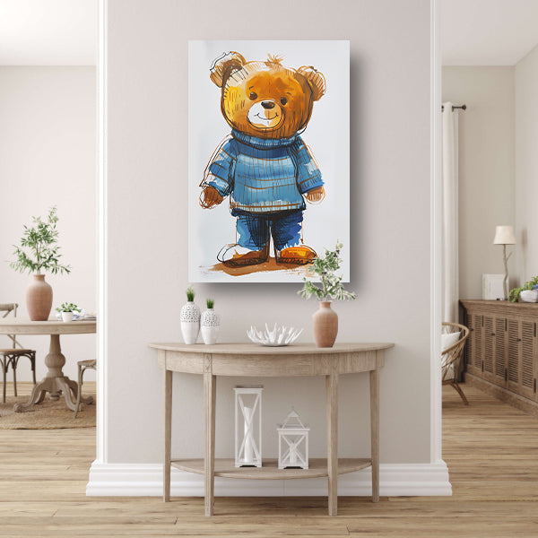 Aquarel  van een teddybeer in een blauwe trui canvas