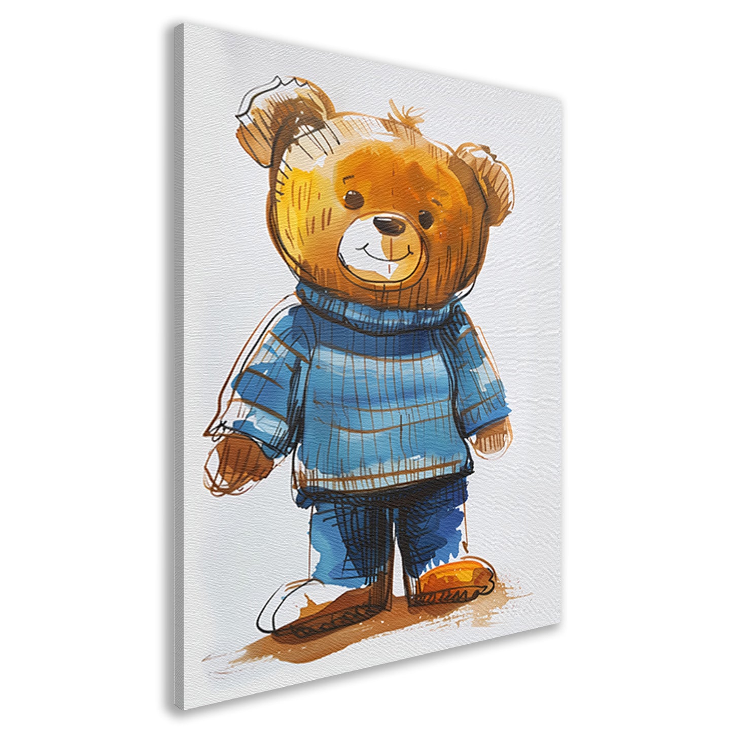 Aquarel  van een teddybeer in een blauwe trui canvas