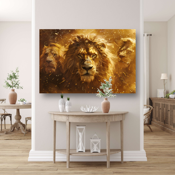 Leeuwen savanne zonsondergang canvas met baklijst