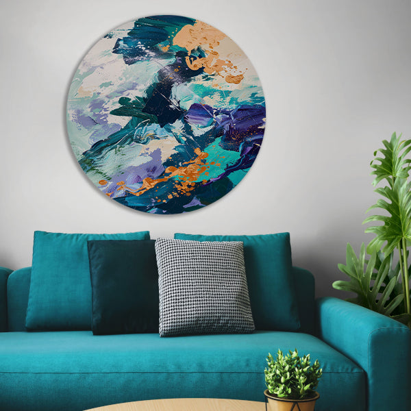 Abstract met Blauwe en Gouden Verf aluminium muurcirkel