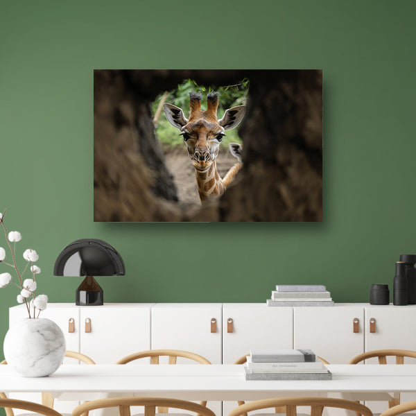Jonge giraf gluurt door boom acrylglas