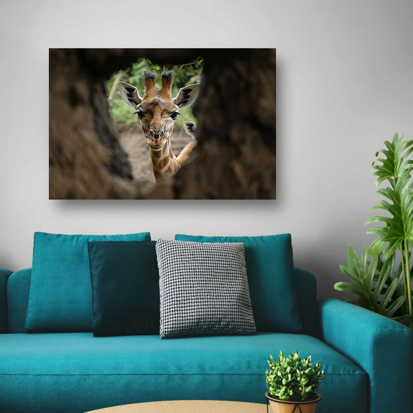 Jonge giraf gluurt door boom acrylglas