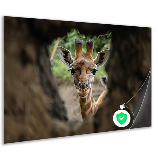 Jonge giraf gluurt door boom poster