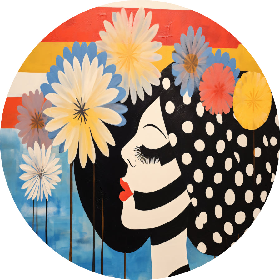 Vrouw Met Stippenjurk en Bloemen aluminium muurcirkel
