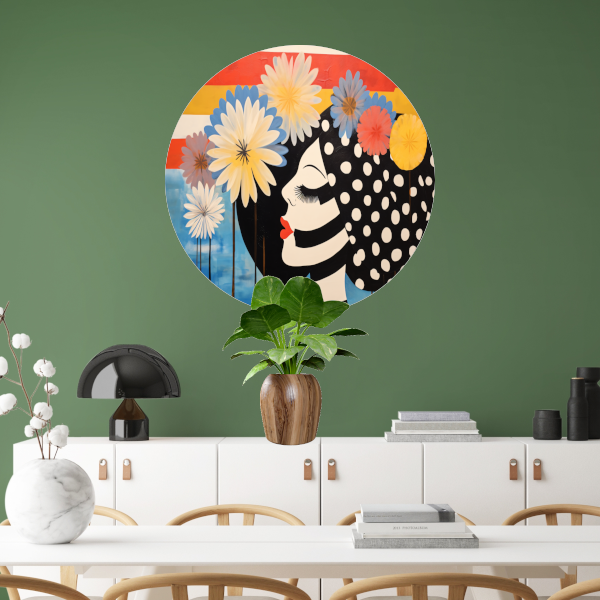 Vrouw Met Stippenjurk en Bloemen aluminium muurcirkel