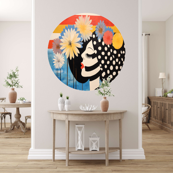 Vrouw Met Stippenjurk en Bloemen aluminium muurcirkel