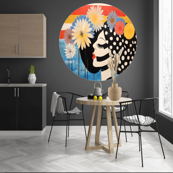 Vrouw Met Stippenjurk en Bloemen aluminium muurcirkel