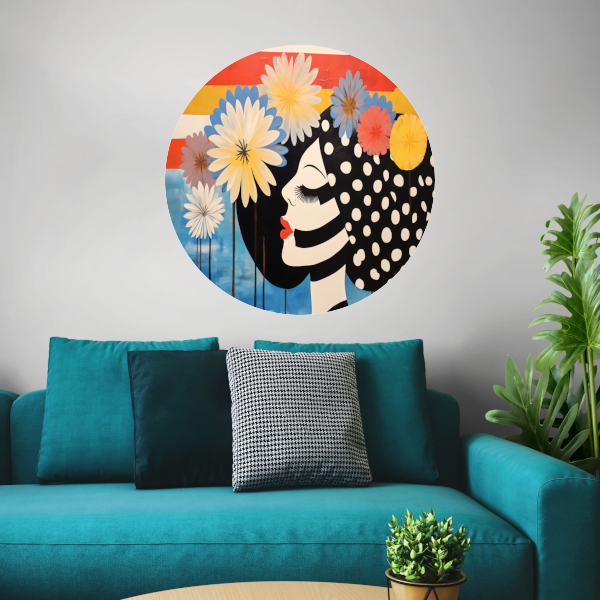 Vrouw Met Stippenjurk en Bloemen aluminium muurcirkel