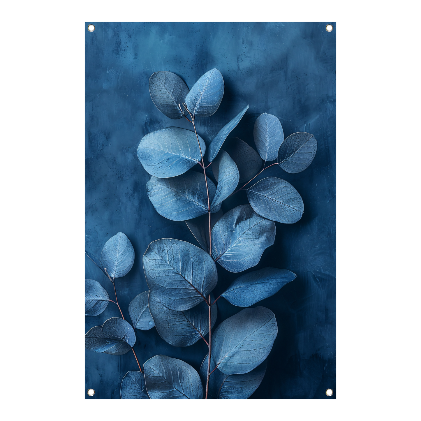 Minimalistische weergave van blauwe bladeren op een donkere achtergrond tuinposter